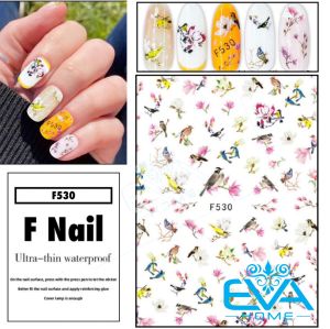 Sticker Dán Móng Tay 3D Dạng Decal Dán Móng Chống Nước Hoạ Tiết Chim Sơn Ca Làm Tổ Trên Cành Hoa Songbird Couples F530