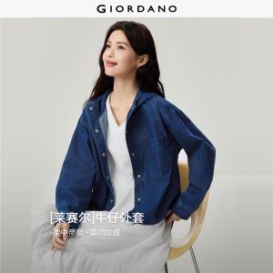 Giordano Beau Monde Women Single pocket high-low hem hooded denim jacket Free Shipping 13376705