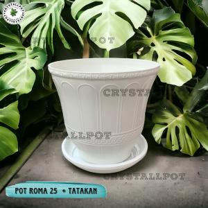 POT BUNGA TANAMAN TINGGI CJP ROMA 25 PUTIH BAHAN TEBAL + TATAKAN BAWAH