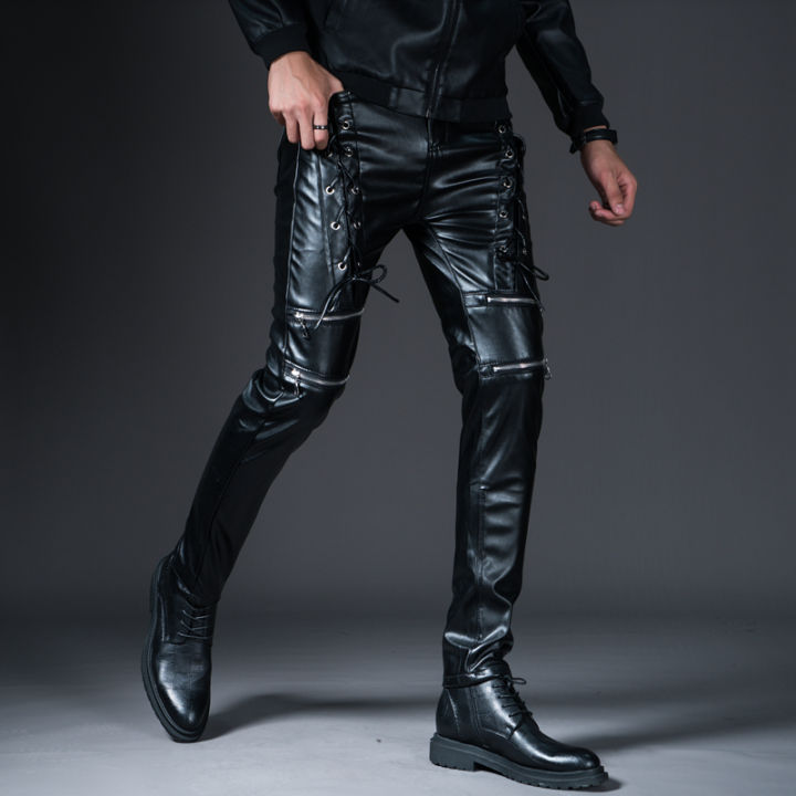 Winter Spring Mens Skinny Biker Leather Pants Fashion Faux Leather ...