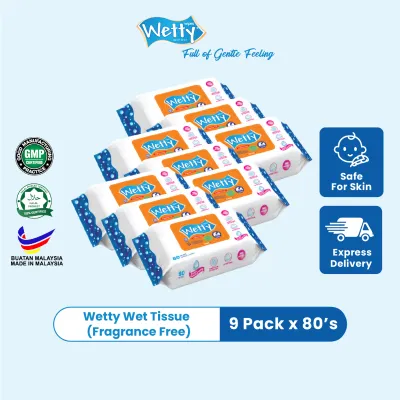 Wetty Wet Tissue Fragrance Free Wipes Tuala Basah Tebal Tanpa Bau (9 Pack x 80s)