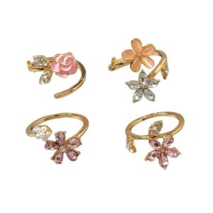 OUTOPEN 4 pcs Crystal Rhinestone Flower Rings Simple Light Luxury Finger Jewelry Personality Alloy Opening Finger Ring Girls