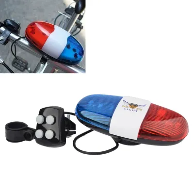 *** Gratis Baterai AA 2Pcs *** Lampu LED Sepeda Klakson Sirine Polisi 6 LED 4 Sound Siren - Red/Blue