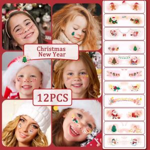DEEPWHISPER 12PCS Waterproof Christmas Face Tattoo Disposable Lovely New Year Face Stickers Easy To Use Transparent Cheek Temporary Stickers Halloween Party
