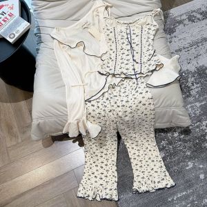 HT929 Set đồ ngủ 3 món tay hoạ tiết hoa nhí sang chảnhbộ pijama thun cotton tôn dáng HT929