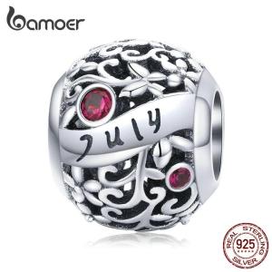 bamoer 925 Sterling Silver Month Birthday Stone Round Beads fit Women Charm Bracelet Bangle DIY Jewlry Making SCC1385