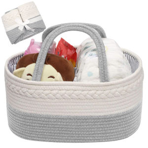 Linen Woven Mother and Baby Basket Oval Shape Bag Diaper Storage with Removable Compartment Detachable Partition Portable Stylish Simple and Beautiful White+Light Grey
