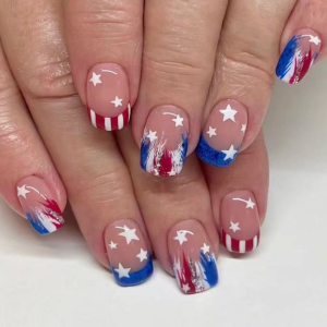 Independence Day French Tip Press on Nail Short Square Fake Nail Glues on Nail Artificial False Nail for Nail Decors
