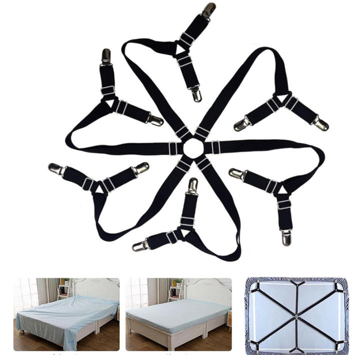 4-Piece Adjustable Bed Sheet Clips – Elastic Straps To Keep Fitted Sheets Tight (Fits All Bed Sizes)