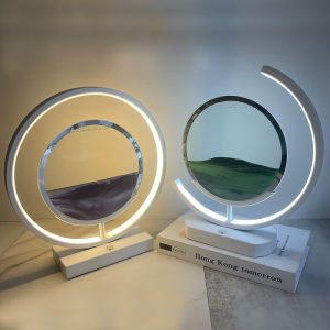 3D Quicksand Art LED Bedside Table Lamp Night Light Bedroom Light Sand Scene Dynamic Round Glass Hourglass Table Lamp