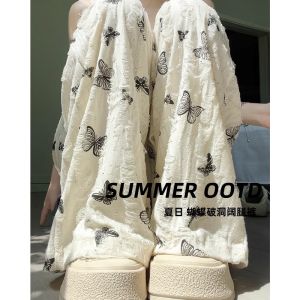 COD ice silk wide-leg pants womens summer high waist drape casual lazy small butterfly print ripped white straight-leg pants 2026 new products