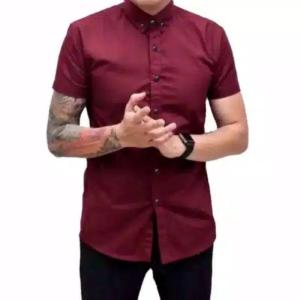 Terhitz kemeja pendek pria cowok gatlemen cowok biru navy dongker polos formal kantor murah