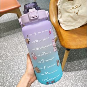 BUYYU 2000ml Frosted Motivational Water Bottle Time Marker & Straw-BPA Free Gift Flip-Flop