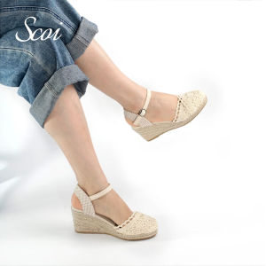 Scoi Flat Platform Peep Wedges Pola Renda Wanita Sepatu Datar Anti Selip
