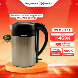 Ấm siêu tốc Nagakawa NAG0315 (Đen/Đỏ/Đồng) / NAG0314 (trắng) dung tích 1.8L ruột ấm inox 304 công suất cao thiết kế lịch sự 2 lớp cách nhiệt an toàn cho người sử dụng