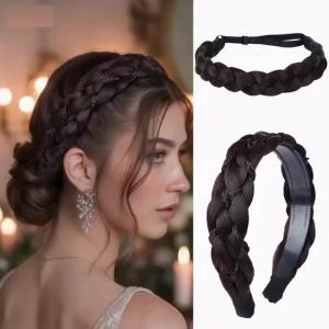 2PCs Braided Headbands Hair Piece for Women Synthetic Hair Hoops Head Bands Handmade Braid Hairband Accessories Elastic Stretch Headwrap (Chocolate Brown)