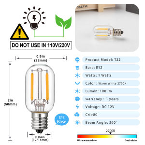 6pcs Mini T22 Led Light Bulb low voltage Light 12V 24V 1W Filament Lamp Clear Glass Replaceable Energy Saving For RV landscape lights Garden Decoration Outdoor