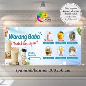 Cetak Spanduk Banner Biru dan Pink Illustratif Modern Spanduk Promo Menu Minuman