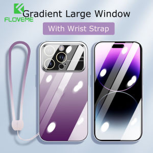 FLOVEME Plating Gradient Clear Large Window Phone Case For iphone 14 13 12 Pro Max 14 Plus With Wrist Strap Lens Film Protector Transparent PC Hard Shockproof Back Cover For iphone 14 13 12