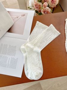 夏日芭蕾风网眼袜~透气舒适精梳棉无骨袜暗纹花花少女白色堆堆袜