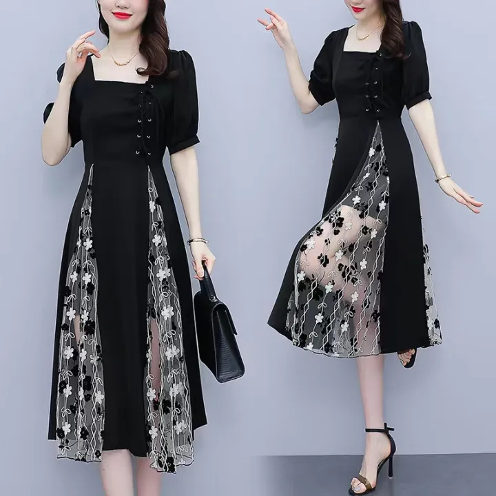 LKK Gaun hitam lengan panjang leher persegi gaya Korea baru/dress bunga korea/dress hitam korea