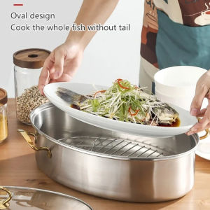 Thickened Stainless Steel Steamer Oval Fish Cooking Pot with Clear Glass Lid Multi Functional Kitchen Cookware