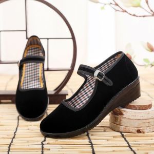 [Free Shipping] Canvas Shoes Single-Strap Design Casual Black Canvas Shoes New Autumn Styles WomenS Shoes For Mothers Wedge Heels Work Shoes