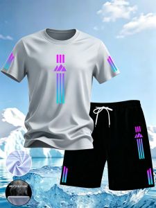 2pcs Set Mens Casual Sporty Fashion Short Sleeve and Shorts Trendy 2D Printed Pattern Mens Summer Short Sleeve and Shorts Sport 2pcs Set Polyester Fiber Breathable Quick-Drying Crew Neck T-Shirt and Drawstring Shorts 2pcs Set Outdoor Running