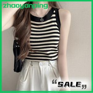 zhaoyanping Summer Korean Stripe Knitted Tank Top Women Round Neck Sleeveless Camisole