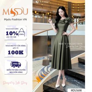 Váy Lụa Twist Satin MDU5698 Dáng Xòe Cổ Sen Cùng Họa Vải Đính Vai Thanh Lịch Từ MDU