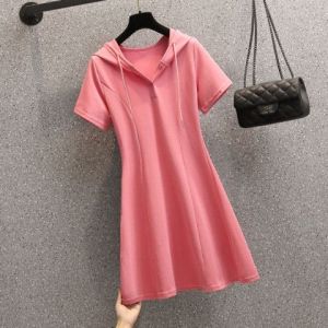 2025 Plus Size Womens Clothing Summer Casual Hoodie T-shirt Skirt Fat Sister Slimming Sense of Design A- line Dress 