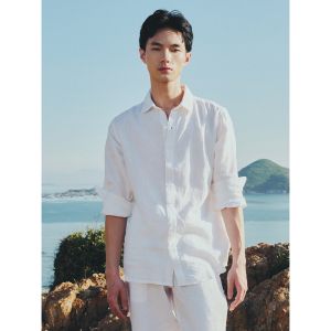 Áo sơ mi nam linen Pháp màu trắng tay dài 100% linen cao cấp – mát nhẹ sang trọng – DODEP