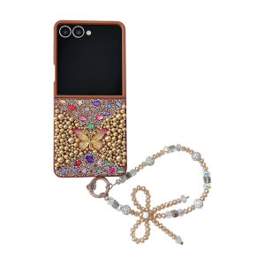 Gem Butterfly Z Flip 7 Bling Diamond Case Cover Luxury Girly Pearl Rhinestone Jewels Samsung Galaxy Z Flip7 Casing Anti-Drop Durable Hard PC Protective Phone Case with Beaded Strap