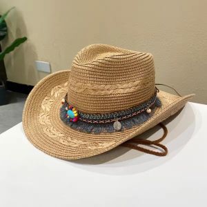 IFFINE Vành rộng Mũ cao bồi bằng rơm Phong cách dân tộc với dây buộc chống gió Mũ đi biển Nhẹ Mũ chống nắng Panama Ngoài trời