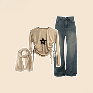 One Set 3in1 Skena Outfit Croptop Tali Serut Wanita | Celana Jeans Retro Highwaist | Jilbab Paris Jadul - KA159