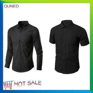 QUNED Men Black Long Sleeved Short Sleeved Shirt Pure Colour Buttons High Collar Shirt Basic Section