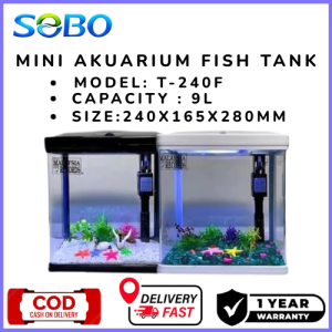 SOBO Mini Fish Tank T-240F Black/ White 9L Aquarium Set With Filter Pump and LED Light Akuarium Tank Ikan