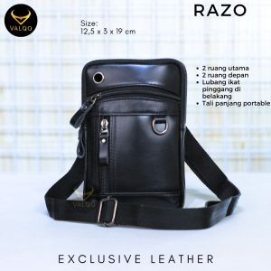 VALQO RAZO Tas Kulit Sapi Selempang Slingbag Ukuran Kecil Muat Tempat HP Pria Wanita Cowok Cewek