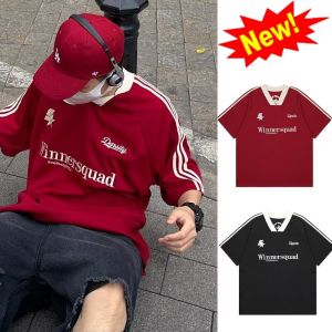 Mens Retro V Neck T Shirt Loose Fit Short Sleeve Streetwear with Bold American Inspired Print for Casual and Hip Hop Fashion Style