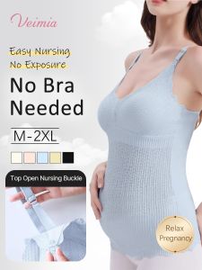 【OFFICIAL】Veimia Two-in-one Maternity Nursing Camisole Built-in Bra Pads Plus Size Non-constricting Stretchy Camisole Bra-free Bubble Lace Nightgown Front-opening Nursing Sleepwear