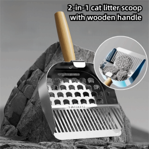 YITAQI 2 in 1 Cat Litter Scoop Wood Handle Stainless Steel Cat Poop Sifting Tool Sturdy Comfortable Grip Toilet Garbage Picker For Puppy