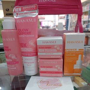 Hanasui Paket Premium Flawless+ Glow Serum & Essence Multi-Pak untuk Kulit Berminyak dengan Pouch Gratis
