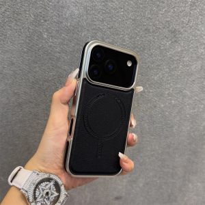 Luxury Leather Magne Phone Case for iPhone 17 16 15 Pro Max Plating Frame Original Business Magnets Charging Shockproof Cover
