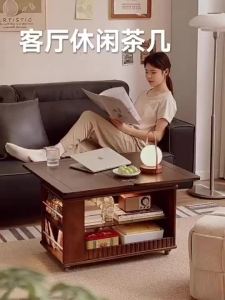Solid Wood Folding Tea Table on Casters Movable Side Cart End Table for Small Space Living Room