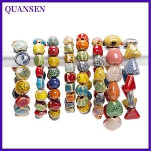 QUANSEN 1ชิ้นอุปกรณ์ DIY สร้อยข้อมือลูกปัดลายแตงโมลายเซรามิกสร้อยข้อมือลูกปัดเคลือบดอกไม้สีสันสดใสเครื่องประดับแฮนด์เมด
