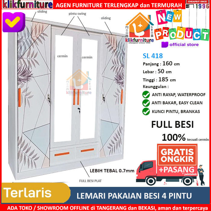 Lemari Pakaian Besi 4 Pintu Sliding Cermin VECTOR 4P + 2 Laci | Lazada ...