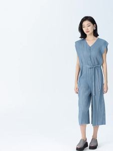 9836 One Size (45-75kg) Miyake Summer V-Neck Design Jumpsuit High Waist Wide Leg Tie Loose Slimming Casual Pants