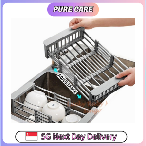 【Pure Care】 Stainless Steel Extendable Dish Drainer Large Capacity Sink Dish Rack Extendable Drainer Basket