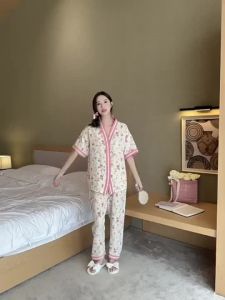 Smile Korean Cotton V-neck Pajamas Set Floral Cartoon Striped Design Loose Loungewear for Womens