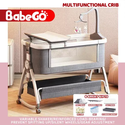 Multifunctional Crib five-position liftable crib with changing table Movable baby cradle bed Stainless steel feet safe crib